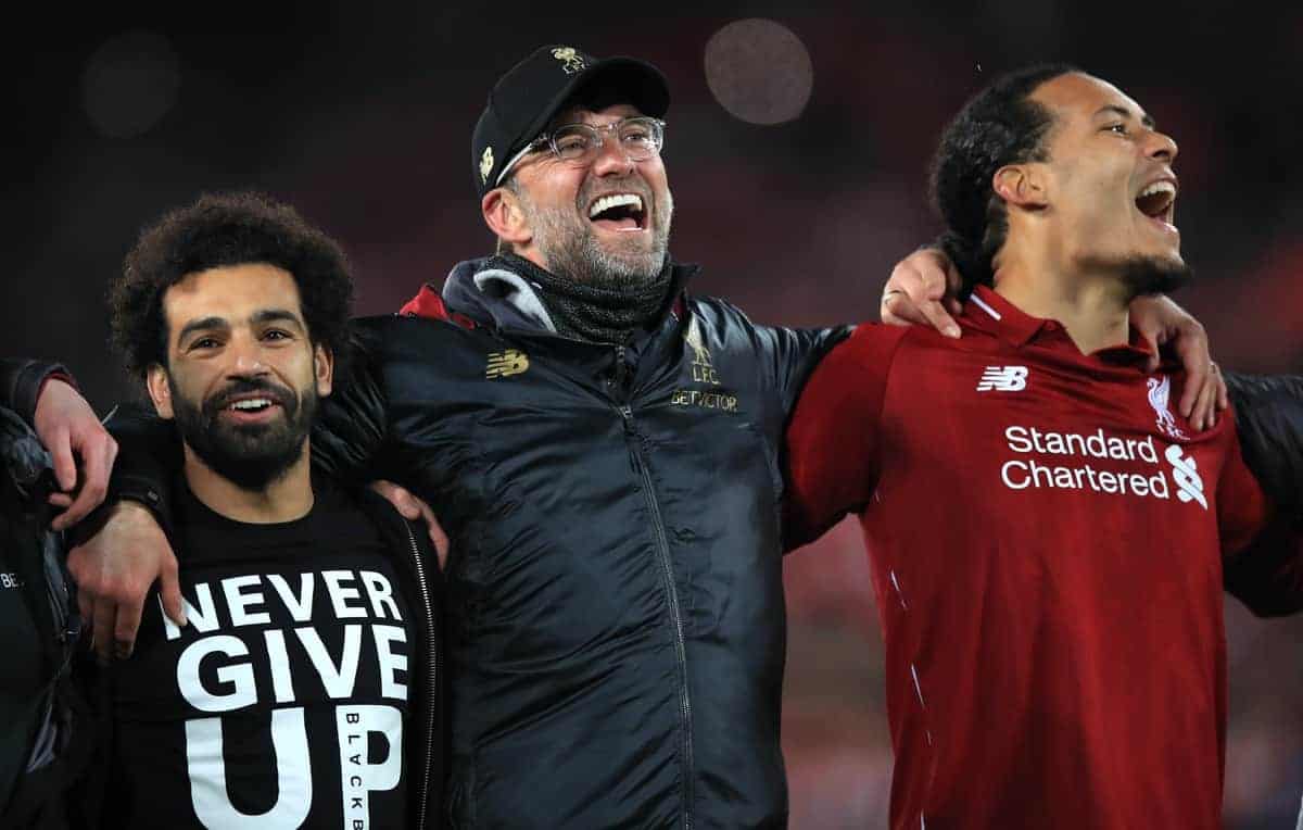 Liverpool's Mohamed Salah (left), manager Jurgen Klopp (centre) and Virgil van Dijk celebrate after the UEFA Champions League Semi Final, second leg match at Anfield, Liverpool.