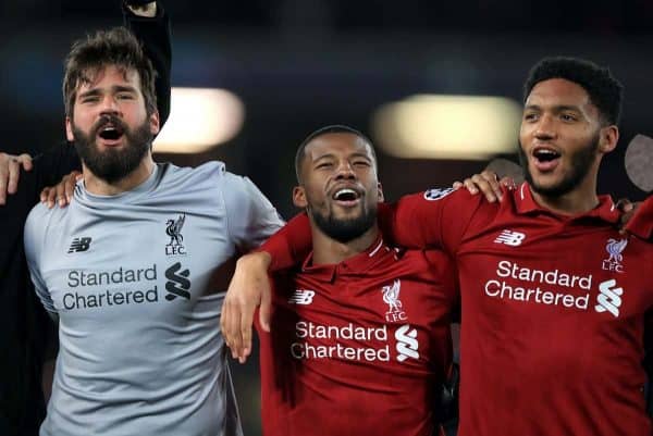 Liverpool goalkeeper Alisson Becker (left), Georginio Wijnaldum (centre) and Trent Alexander-Arnold celebrates after the UEFA Champions League Semi Final, second leg match at Anfield, Liverpool.