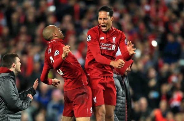 Liverpool's Fabinho (left) and Virgil van Dijk celebrate after the UEFA Champions League Semi Final, second leg match at Anfield, Liverpool.