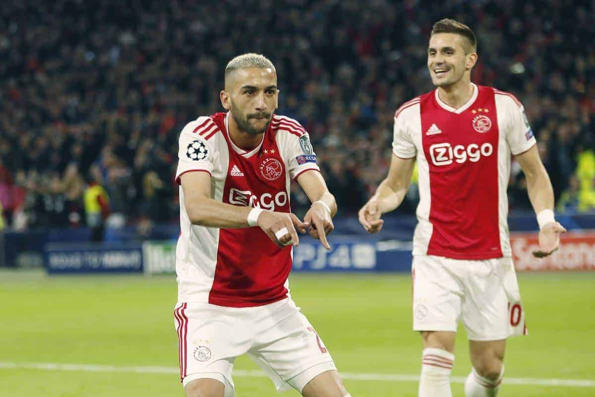 AMSTERDAM, 08-05-2019 Stadium Johan CruyffArena, Season 2018 / 2019 Champions League semi final second leg. Hakim Ziyech scores (Image via www.imago-images.de/Imago/PA Images)