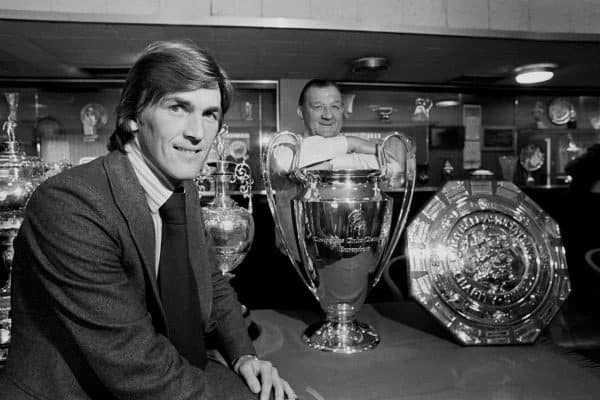 Kenny Dalglish, Bob Paisley - archive-181209-3 New Liverpool signing Kenny Dalglish admires the silverware in the club's trophy room with manager Bob Paisley. 1977