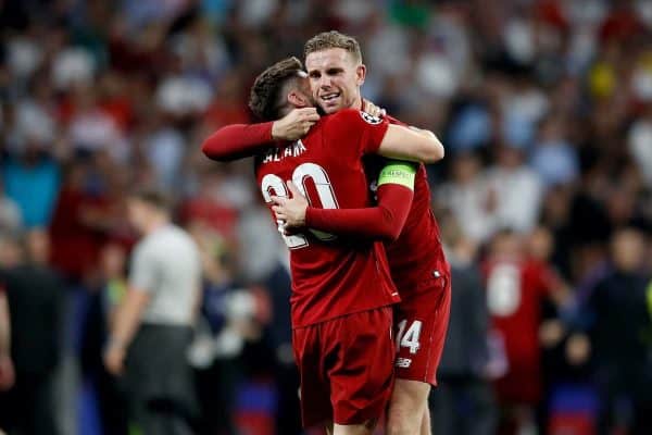 Liverpool's Adam Lallana (left) and Jordan Henderson (right) celebrate victory after winning the UEFA Champions League Final at the Wanda Metropolitano, Madrid. PRESS ASSOCIATION Photo. Picture date: Saturday June 1, 2019. See PA story SOCCER Final. Photo credit should read: Martin Rickett/PA Wire. RESTRICTIONS: Editorial use only in permitted publications not devoted to any team, player or match. No commercial use. Stills use only - no video simulation. No commercial association without UEFA permission. please contact PA Images for further information.