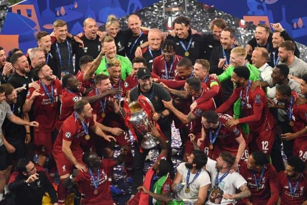 Liverpool manager Jurgen Klopp lifts the UEFA Champions League Trophy following the UEFA Champions League Final at the Wanda Metropolitano, Madrid.