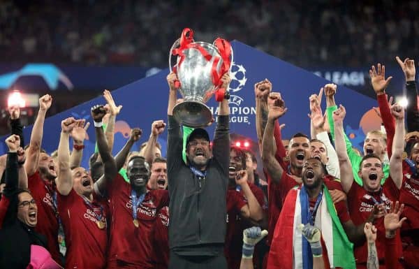 01 June 2019, Spain, Madrid: Liverpool manager Jurgen Klopp lifts the UEFA Champions League Trophy after winning the UEFA†Champions League final soccer match between Tottenham Hotspur and Liverpool at Wanda Metropolitano Stadium. Photo: Jan Woitas/dpa-Zentralbild/dpa