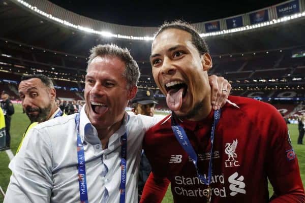 (l-r) Jamie carragher, Virgil van Dijk of Liverpool FC during the UEFA Champions League final match between Tottenham Hotspur FC and Liverpool FC at Estadio Metropolitano on June 01, 2019 in Madrid, Spain (MAURICE VAN STEEN/VI Images/PA Images)