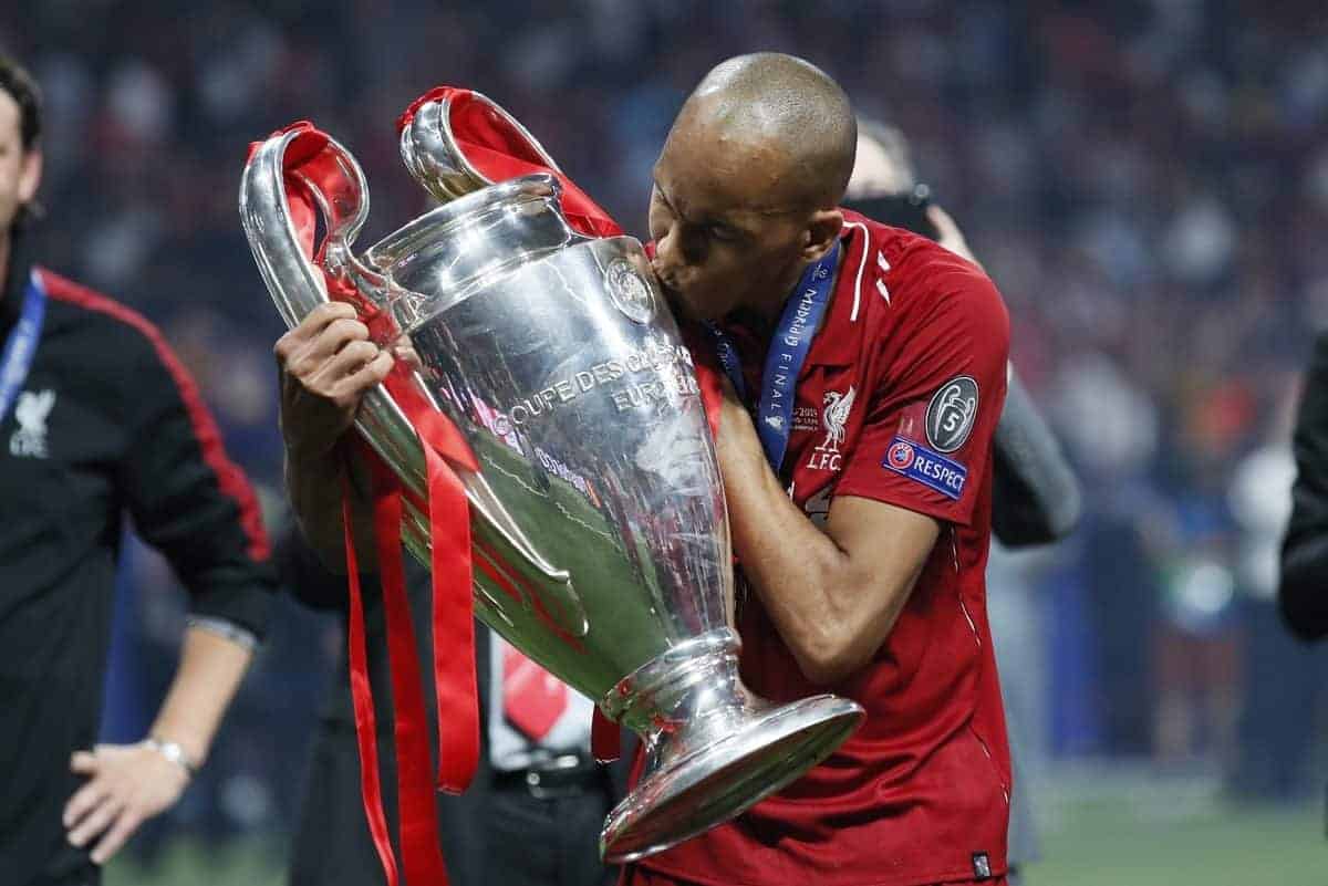 Fabinho of Liverpool kisses the cup during the UEFA Champions League match at Wanda Metropolitano Stadium, Madrid. Picture date: 1st June 2019. Picture credit should read: David Klein/Sportimage via PA Images