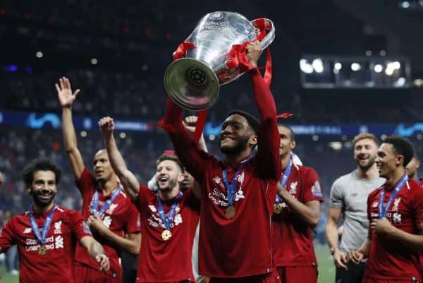 Joe Gomez of Liverpool lifts the cup during the UEFA Champions League match at Wanda Metropolitano Stadium, Madrid. Picture date: 1st June 2019. Picture credit should read: David Klein/Sportimage via PA Images