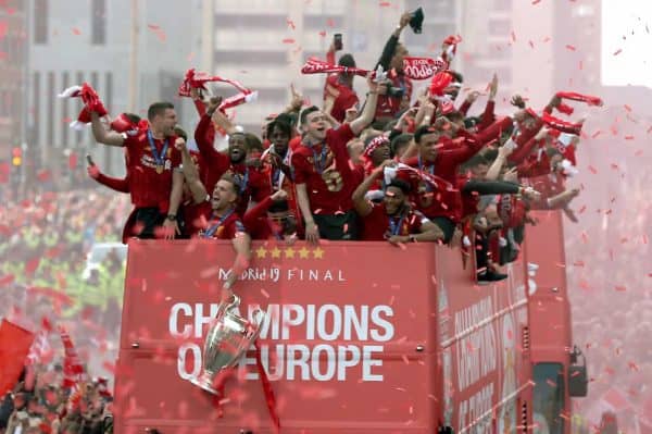 Liverpool players and staff on the bus during the Champions League Winners Parade in Liverpool. (PA Image)