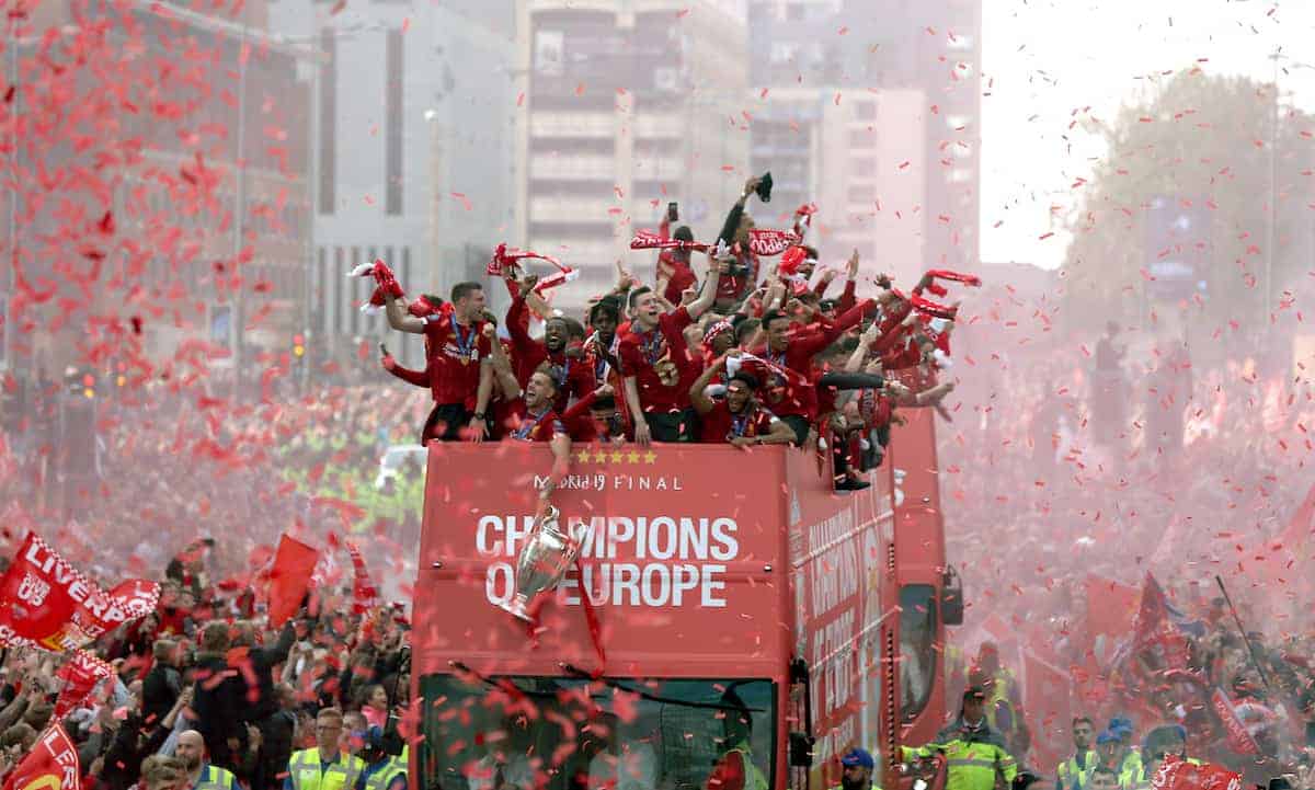 Liverpool players and staff on the bus during the Champions League Winners Parade in Liverpool. (PA Image)