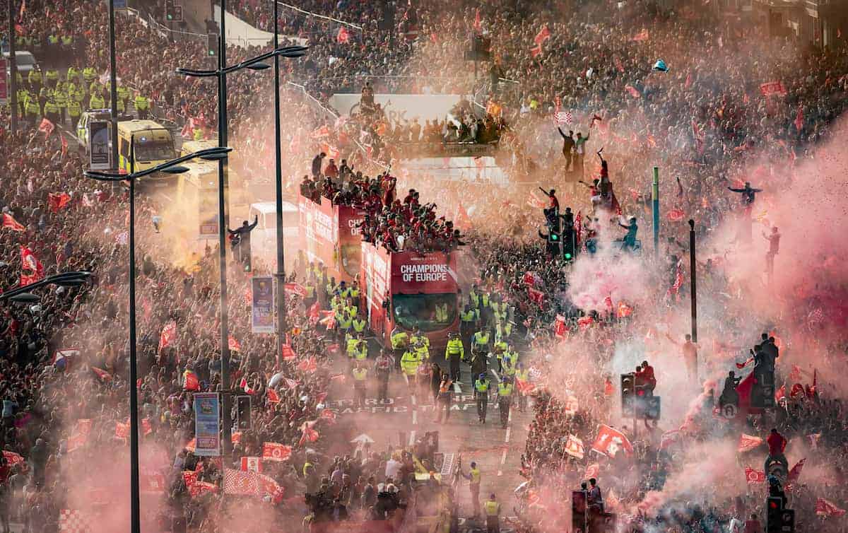 Liverpool players and staff on the bus during the Champions League Winners Parade in Liverpool. (Danny Lawson/PA Wire/PA Images)