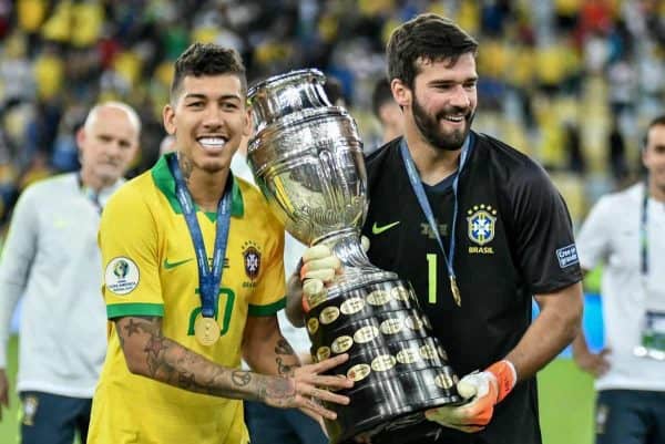 RIO DE JANEIRO, RJ - 07.07.2019: BRAZIL VS. PERU - Firmino and Alisson celebrate title after the match between Brazil and Peru, valid for the Copa America 2019 final, held this Sunday (07) at the Maracan„ Stadium in Rio de Janeiro, RJ. (Photo by Nayra Halm/Fotoarena/Sipa USA)