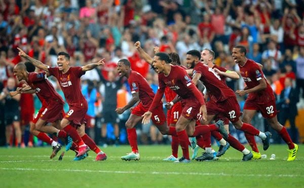 Liverpool players celebrate after winning the penalty shootout during the UEFA Super Cup Final at Besiktas Park, Istanbul. (Adam Davy/PA Wire/PA Images)