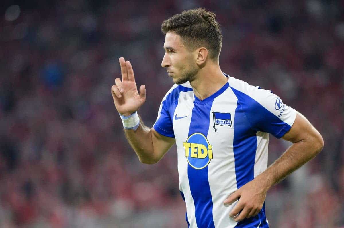 16 August 2019, Bavaria, Munich: Soccer: Bundesliga, Matchday 1, FC Bayern Munich - Hertha BSC in the Allianz Arena. Herthas Marko Grujic cheers his goal to 1:2. (IMPORTANT NOTE: According to the regulations of the DFL Deutsche Fu?ball Liga and the DFB Deutscher Fu?ball-Bund it is prohibited to use or have used photos taken in the stadium and/or the match in the form of sequence pictures and/or video-like photo sequences.) Photo: Matthias Balk/dpa