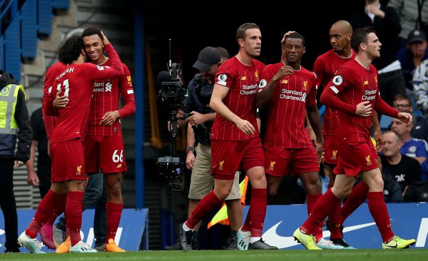 Liverpool's Trent Alexander-Arnold (second left) celebrates scoring his side's first goal of the game (PA Images)