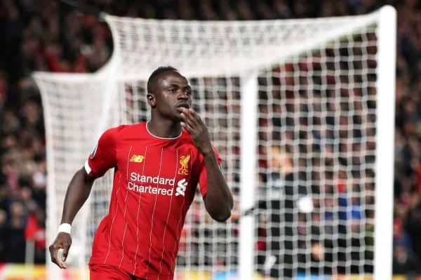 Liverpool's Sadio Mane celebrates scoring his side's first goal of the game during the UEFA Champions League Group E match at Anfield, Liverpool. (Nick Potts/PA Wire/PA Images)