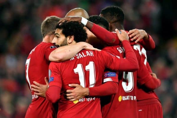 Liverpool's Mohamed Salah celebrates scoring his side's fourth goal of the game with teammates