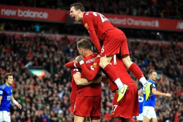 Liverpool celebrate their victory after the final whistle during the Premier League match at Anfield, Liverpool. PA Photo. Picture date: Saturday October 5, 2019. See PA story SOCCER Liverpool. Photo credit should read: Peter Byrne/PA Wire. RESTRICTIONS: EDITORIAL USE ONLY No use with unauthorised audio, video, data, fixture lists, club/league logos or "live" services. Online in-match use limited to 120 images, no video emulation. No use in betting, games or single club/league/player publications.