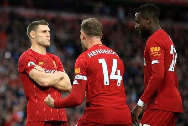 Liverpool's James Milner (left) celebrates scoring a penalty during the Premier League match at Anfield, Liverpool. PA Photo. Picture date: Saturday October 5, 2019. See PA story SOCCER Liverpool. Photo credit should read: Peter Byrne/PA Wire. RESTRICTIONS: EDITORIAL USE ONLY No use with unauthorised audio, video, data, fixture lists, club/league logos or "live" services. Online in-match use limited to 120 images, no video emulation. No use in betting, games or single club/league/player publications.