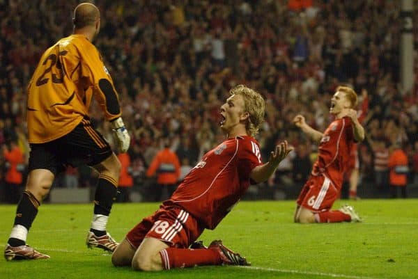 Liverpool's Dirk Kuyt (center), John Arne Riise and Jose Reina (left) celebrate after winning the match on penalties