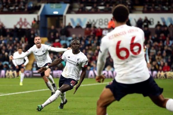 Liverpool's Sadio Mane celebrates scoring his side's second goal of the game during the Premier League match at Villa Park, Birmingham. PA Photo. Picture date: Saturday November 2, 2019, See PA story SOCCER Villa. Photo credit should read: Nick Potts/PA Wire. RESTRICTIONS: EDITORIAL USE ONLY No use with unauthorised audio, video, data, fixture lists, club/league logos or "live" services. Online in-match use limited to 120 images, no video emulation. No use in betting, games or single club/league/player publications.