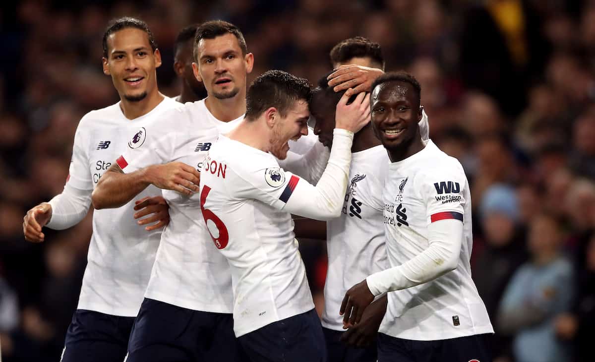 Liverpool's Sadio Mane (second right) celebrates scoring his side's second goal of the game during the Premier League match at Villa Park. (Nick Potts/PA Wire/PA Images)