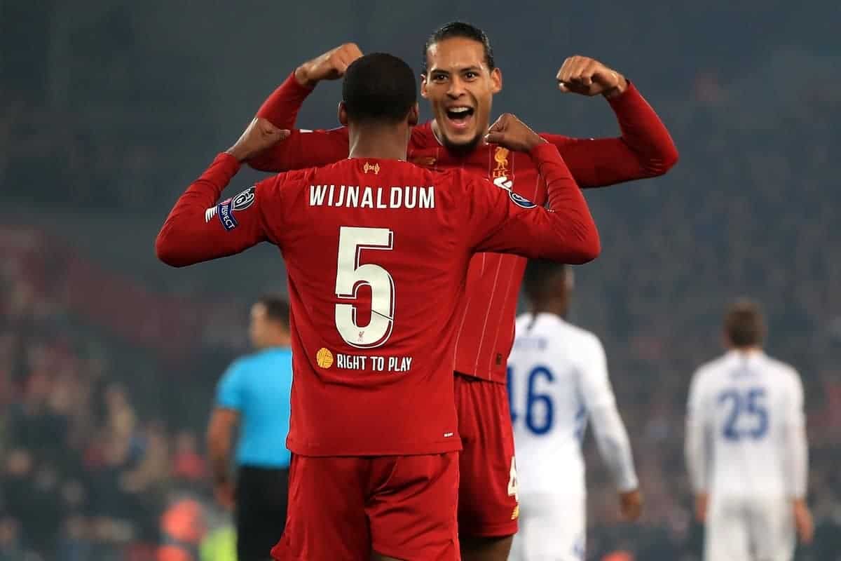 Liverpool's Georginio Wijnaldum (left) celebrates scoring his side's first goal of the game with team-mate Virgil van Dijk during the UEFA Champions League match at Anfield, Liverpool.
