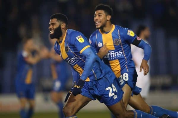 Shrewsbury Town's Ethan Ebanks-Landell celebrates scoring the opening goal against Peterborough United (Nick Potts/EMPICS Sport)