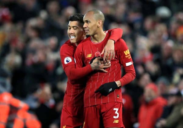 Liverpool's Fabinho (right) celebrates scoring his side's first goal of the game during the Premier League match at Anfield, Liverpool. (PA Images)