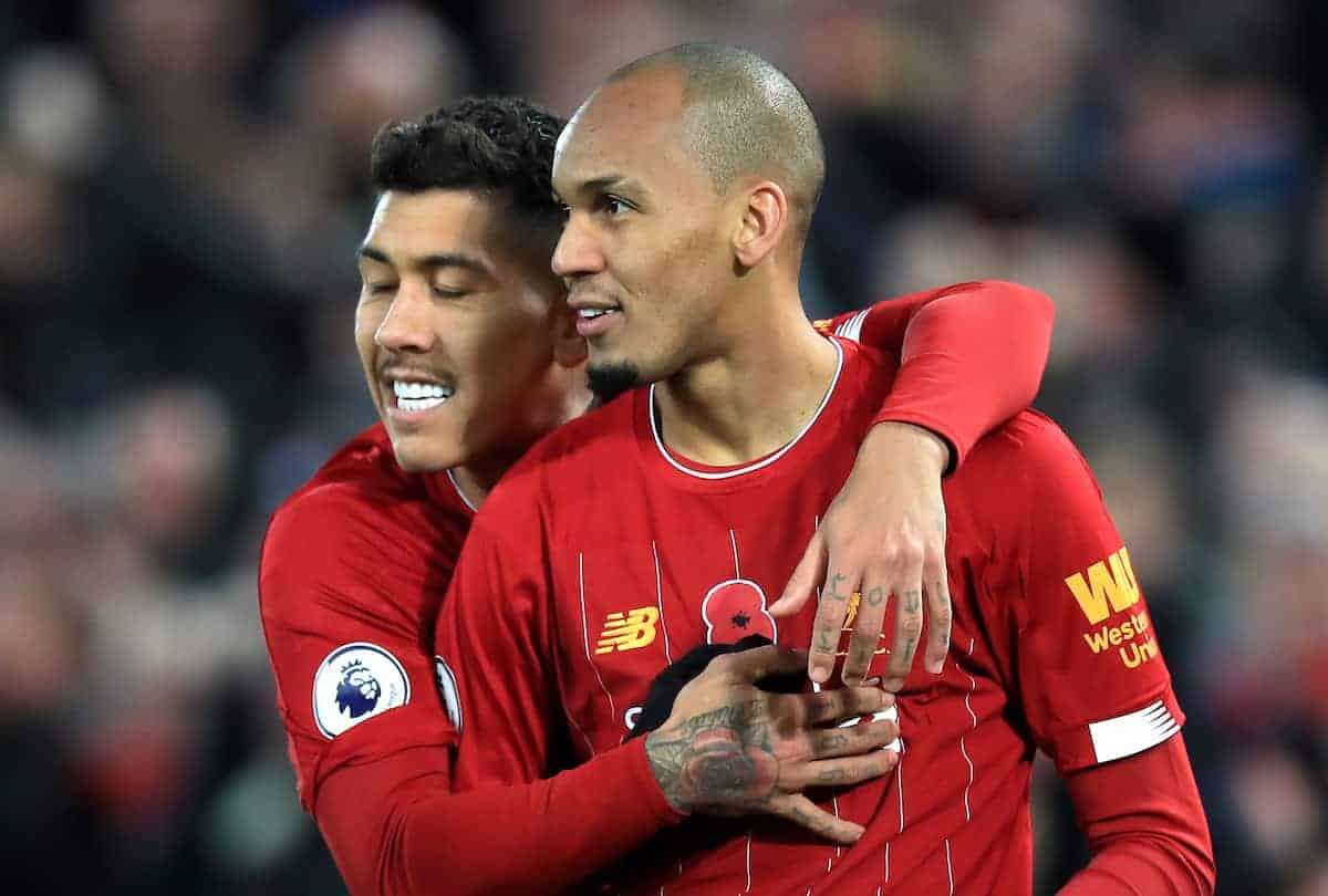 Liverpool's Fabinho (right) celebrates scoring his side's first goal of the game during the Premier League match at Anfield, Liverpool. (PA Images)