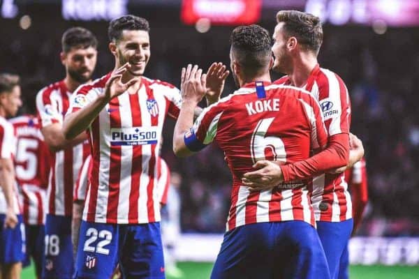 Koke, Saul Niguez and Mario Hermoso celebrates a goal during La Liga match between Club Atletico de Madrid and RCD Espanyol at Wanda Metropolitano on November 10, 2019 in Madrid, Spain . (Photo by Ruben de la Fuente Perez/NurPhoto)