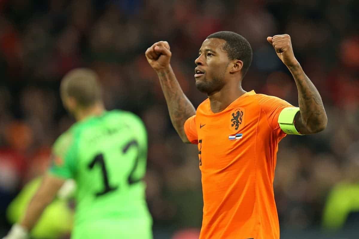 19.11.2019, Fussball, Lnderspiel, EM Qualifikation, Gruppe C, 10. Spieltag, Niederlande - Estland, in der Johan Cruijff ArenA Amsterdam. Jubel Torschtze Georginio Wijnaldum Niederlande zum Tor zum 3:0 *** 19 11 2019, football, international, European Championship qualification, Group C, 10 matchday, Netherlands Estonia, in the Johan Cruijff ArenA Amsterdam Jubilee goal scorer Georginio Wijnaldum Netherlands to the goal to 3-0.