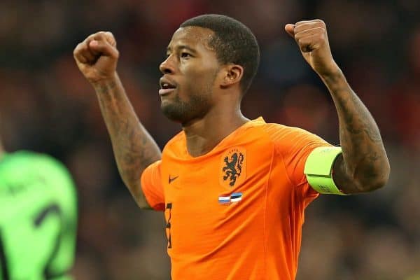 19.11.2019, Fussball, L‰nderspiel, EM Qualifikation, Gruppe C, 10. Spieltag, Niederlande - Estland, in der Johan Cruijff ArenA Amsterdam. Jubel Torsch¸tze Georginio Wijnaldum Niederlande zum Tor zum 3:0 *** 19 11 2019, football, international, European Championship qualification, Group C, 10 matchday, Netherlands Estonia, in the Johan Cruijff ArenA Amsterdam Jubilee goal scorer Georginio Wijnaldum Netherlands to the goal to 3-0.