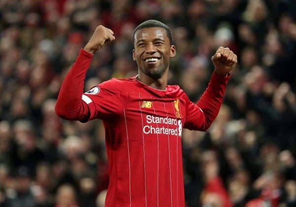 Liverpool's Georginio Wijnaldum celebrates scoring his side's fifth goal of the game with team-mate Andrew Robertson during the Premier League match at Anfield, Liverpool. ( Richard Sellers/PA Wire/PA Images)