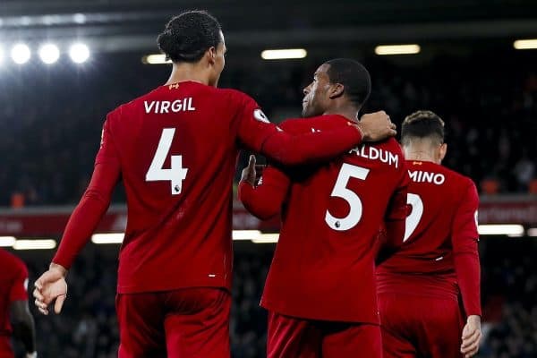 Georginio Wijnaldum (r) of Liverpool celebrates with Virgil Van Dijk after scoring his teams fifth goal of the game during the Premier League match at Anfield, Liverpool. Picture date: 4th December 2019. Picture credit should read: James Wilson/Sportimage via PA Images