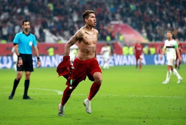 Liverpool's Roberto Firmino celebrates scoring his side's first goal of the game during the FIFA Club World Cup final at the Khalifa International Stadium, Doha. PA Photo. Picture date: Saturday December 21, 2019. See PA story SOCCER Liverpool. Photo credit should read: Adam Davy/PA Wire. RESTRICTIONS: Editorial use only. No commercial use. No use with any unofficial 3rd party logos. No manipulation of images. No video emulation