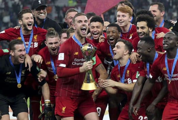 (191222) -- DOHA, Dec. 22, 2019 (Xinhua) -- Liverpool FC players celebrate with the trophy after the final of the FIFA Club World Cup Qatar 2019 against Flamengo in Doha, capital of Qatar, Dec. 21, 2019. (Photo by Nikku/Xinhua)