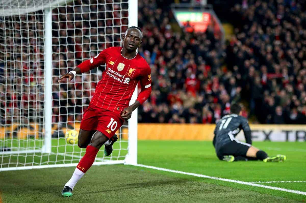 Liverpool's Sadio Mane (left) celebrates scoring his side's first goal of the game during the Premier League match at Anfield Stadium, Liverpool. (Nick Potts/PA Wire/PA Images)