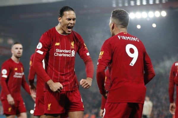 Roberto Firmino of Liverpool celebrates scoring the second goal with Virgil van Dijk of Liverpool before it was disallowed during the Premier League match at Anfield, Liverpool. Picture date: 19th January 2020. Picture credit should read: Darren Staples/Sportimage via PA Images