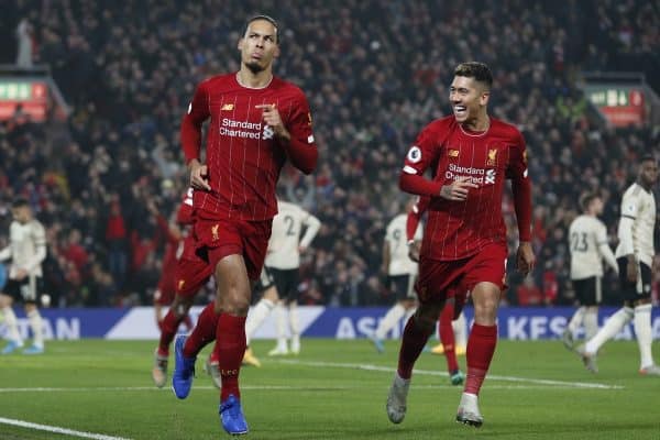 Virgil van Dijk of Liverpool celebrates the first goal in front of the Manchester Utd fans during the Premier League match at Anfield, Liverpool. Picture date: 19th January 2020. Picture credit should read: Darren Staples/Sportimage via PA Images