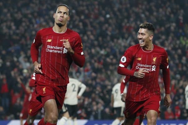 Virgil van Dijk of Liverpool celebrates the first goal in front of the Manchester Utd fans during the Premier League match at Anfield, Liverpool. Picture date: 19th January 2020. Picture credit should read: Darren Staples/Sportimage via PA Images