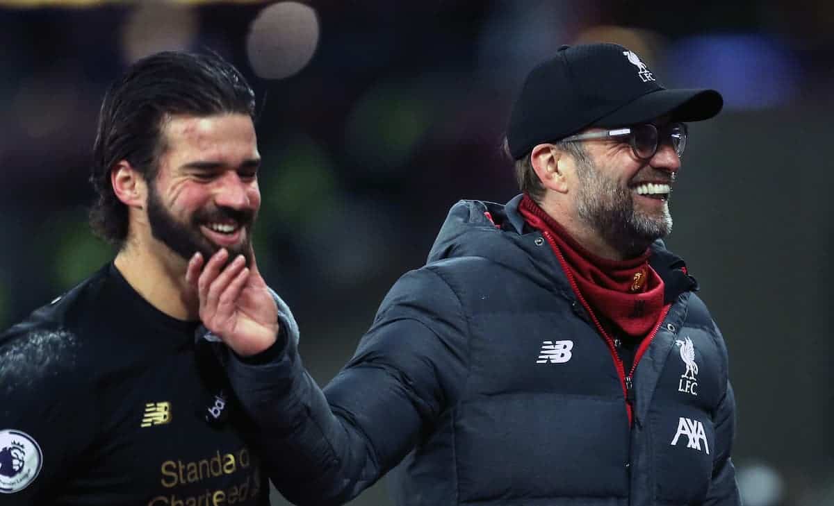 Liverpool manager Jurgen Klopp (right) congratulates goalkeeper Alisson after the final whistle (Steven Paston/EMPICS Sport)