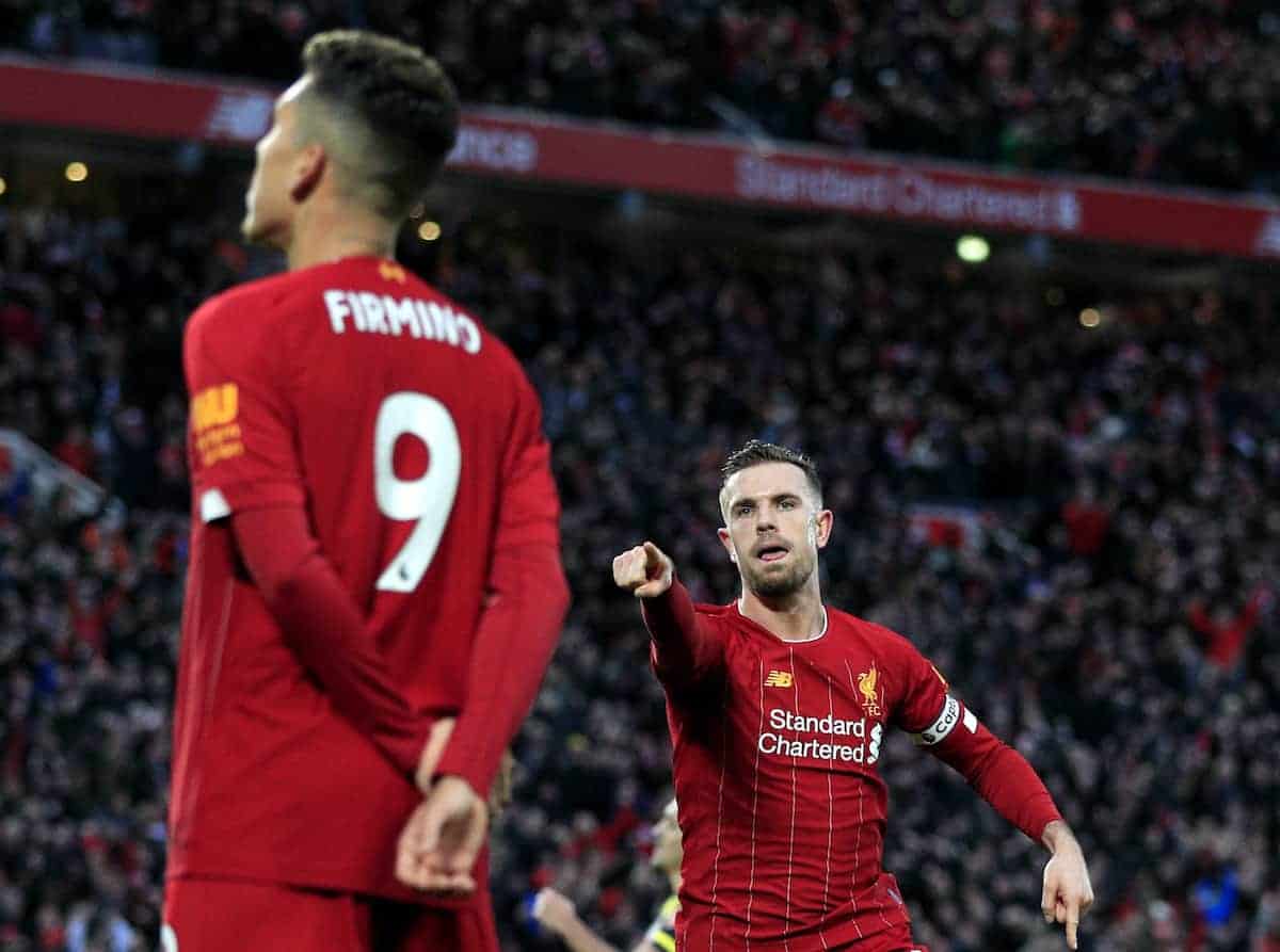 Liverpool's Jordan Henderson (right) celebrates scoring his side's second goal of the game during the Premier League match at Anfield, Liverpool. (Peter Byrne/PA Wire/PA Images)