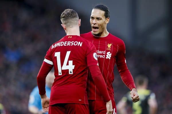 Jordan Henderson of Liverpool celebrates with Virgil Van Dijk after scoring the second goal of the game during the Premier League match at Anfield, Liverpool. Picture date: 1st February 2020. Picture credit should read: James Wilson/Sportimage via PA Images