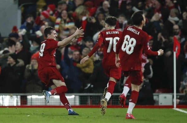 Liverpool players celebrate after Shrewsbury Town's Ro-Shaun Williams, scored an own goal during the FA Cup fourth round replay match at Anfield, Liverpool. PA Photo. Picture date: Tuesday February 4, 2020. See PA story SOCCER Liverpool. Photo credit should read: Martin Rickett/PA Wire. RESTRICTIONS: EDITORIAL USE ONLY No use with unauthorised audio, video, data, fixture lists, club/league logos or "live" services. Online in-match use limited to 120 images, no video emulation. No use in betting, games or single club/league/player publications.