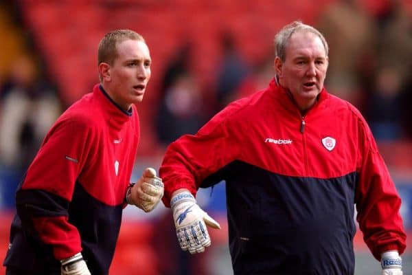 Liverpool Goalkeeping Coach Joe Corrigan (r) warms up Chris Kirkland prior to the game with Everton, 2002 ( Matthew Ashton/EMPICS Sport)