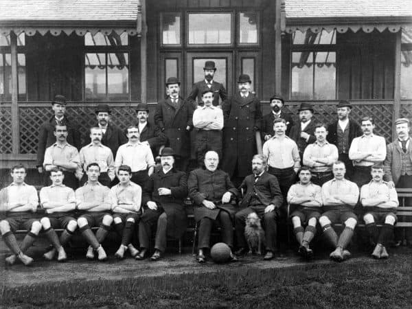 Liverpool team group: (back row of directors, l-r) J Dermott, B Bailey, S Cooper, FC Howarth, A Nisbet, H Cooper, C Gibson, HP Ellis, L Crosthwaite (middle row of players, l-r) John McCartney, Matt McQueen, captain Andrew Hannah, goalkeeper Billy McOwen, Duncan McLean, Douglas Dick, David Henderson, trainer F Whiteway (front row, l-r) Patrick Gordon, Malcolm McVean, Joe McQue, Jim McBride, John McKenna, President John Houlding, J Ramsay, Harry Bradshaw, Jimmy Stott, Hugh McQueen