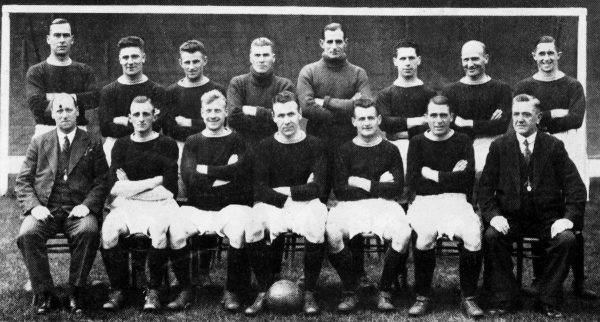 Liverpool team group: (back row, l-r) Gordon Hodgson, Tom Morrison, Willie Steel, Elisha Scott, Arthur Riley, Archie McPherson, Dave Wright, Gordon Gunson (front row, l-r) Manager George Patterson, Harold Barton, James Jackson, Tom Bradshaw, Jimmy McDougal, Ted Crawford, trainer C Wilson