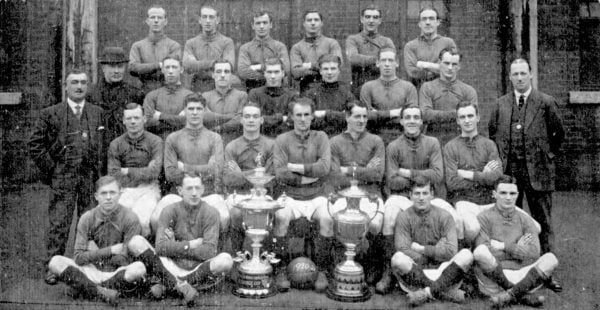 Liverpool team group: (back row, l-r) Dick Johnson, Tom Miller, Willie Cunningham, Jim Penman, Peter McKinney, Billy Lacey  (third row, l-r) Trainer W Connell, Dick Forshaw, Harry Chambers, Elisha Scott, Harold McNaughton, Jock McNab, Billy Matthews, George Patterson  (second row, l-r) Manager David Ashworth, Jackie Sheldon, Jack Bamber, Tommy Lucas, Ephraim Longworth, Donald McKinlay, Tom Bromilow, Bert Pearson, Secretary  (front row, l-r) Jones, Bill Jenkinson, Lancashire Cup, Liverpool Cup, Harry Lewis, Walter Wadsworth. Liverpool FC squad photo season 1921 - 1920s. ( EMPICS/EMPICS Sport)