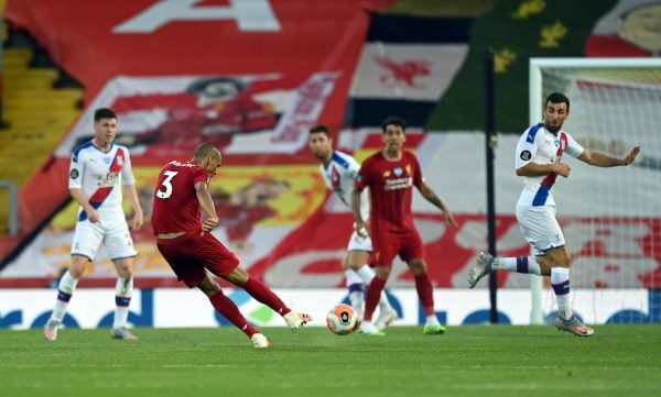 Liverpool's Henrique Fabinho scores his sides third goal during the Premier League match at Anfield, Liverpool. (Shaun Botterill/NMC Pool/PA Wire/PA Images)