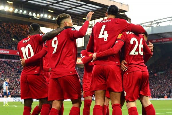 File photo dated 30-11-2019 of Liverpool's Virgil van Dijk celebrates scoring his second sides goal with teammates during the Premier League match at Anfield, Liverpool. PA Photo. Issue date: Thursday June 25, 2020. Liverpool's remarkable, record-breaking season has seen their first top-flight title in 30 years. PA looks at some the reasons behind their success. (Anthony Devlin/PA Wire.)